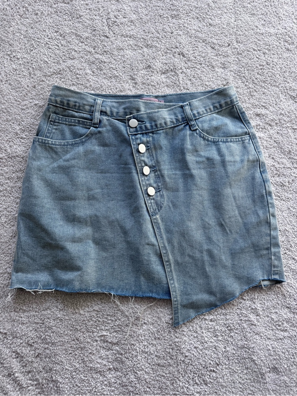Asymmetrical Button-Front Denim Mini Skirt - Blue